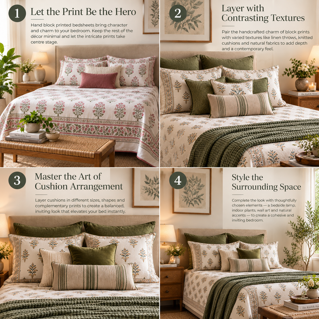 Four ways to style hand block printed bedsheets in a modern bedroom