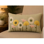 Handcrafted Decorative Floral Embroidered Beige Cotton Lumbar Cushion Cover with filler 12 x 20 inch
