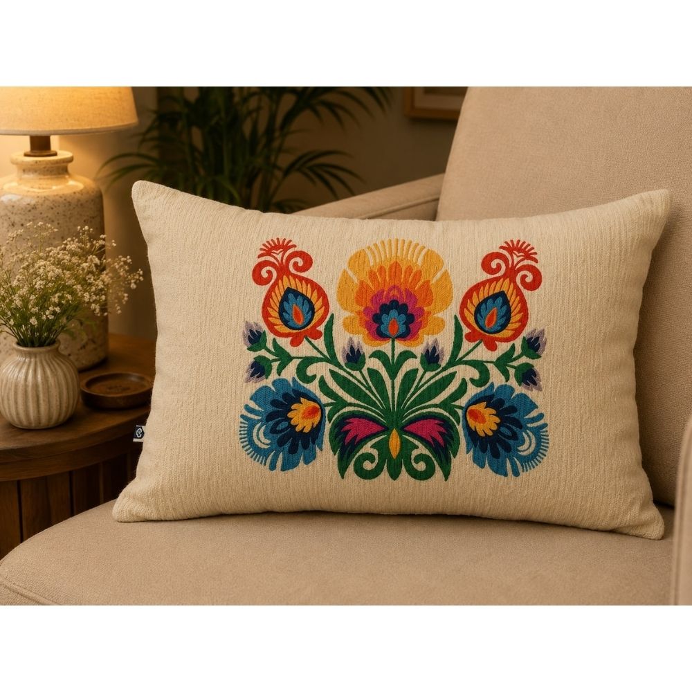 Classic Polaska Floral Printed Offwhite Polyester Lumbar Cushion Cover with filler 12 x 18 inch