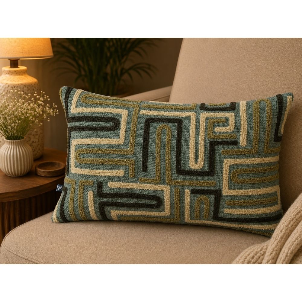 Boho Tufted Darwin Embroidered Blue_Green Cotton Lumbar Cushion Cover with filler 12 x 20 inch