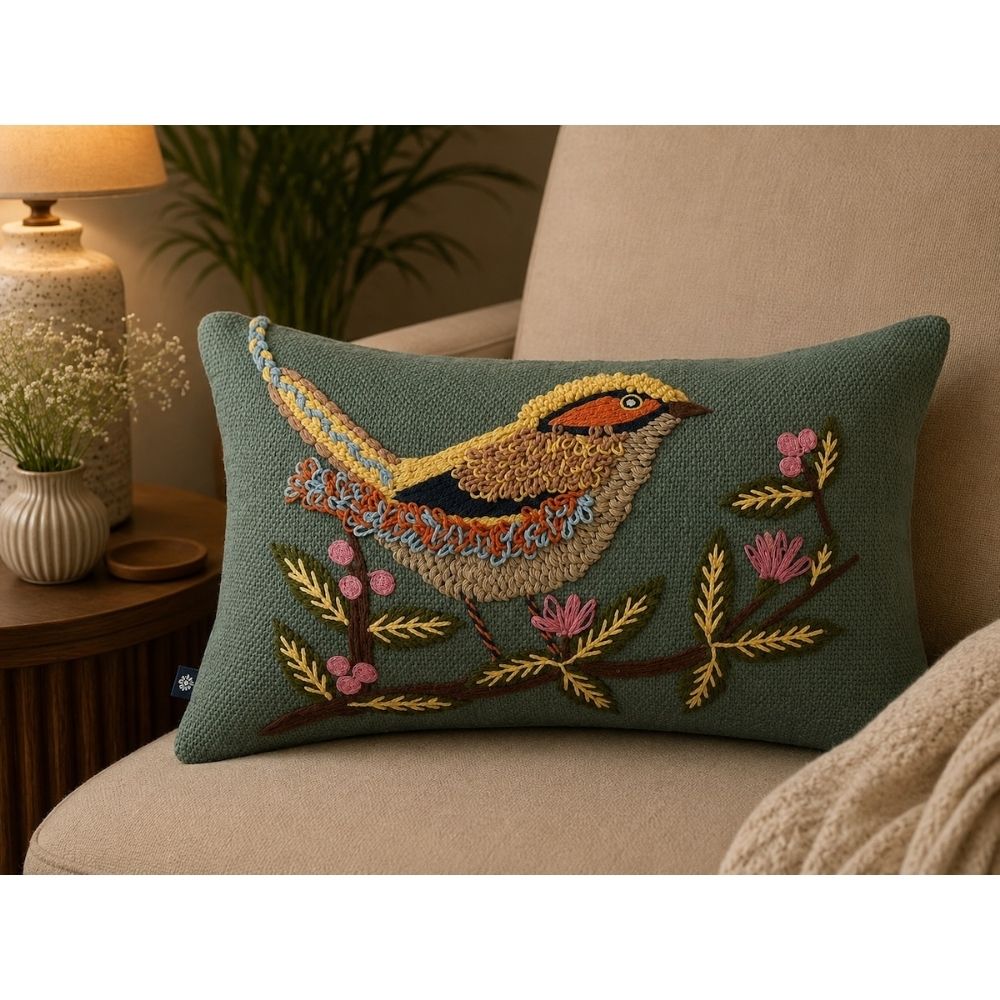 Handcrafted Decorative Chirpy Bird Embroidered Blue_Green Cotton Lumbar Cushion Cover with filler 12 x 18 inch
