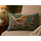 Handcrafted Decorative Chirpy Bird Embroidered Blue_Green Cotton Lumbar Cushion Cover with filler 12 x 18 inch
