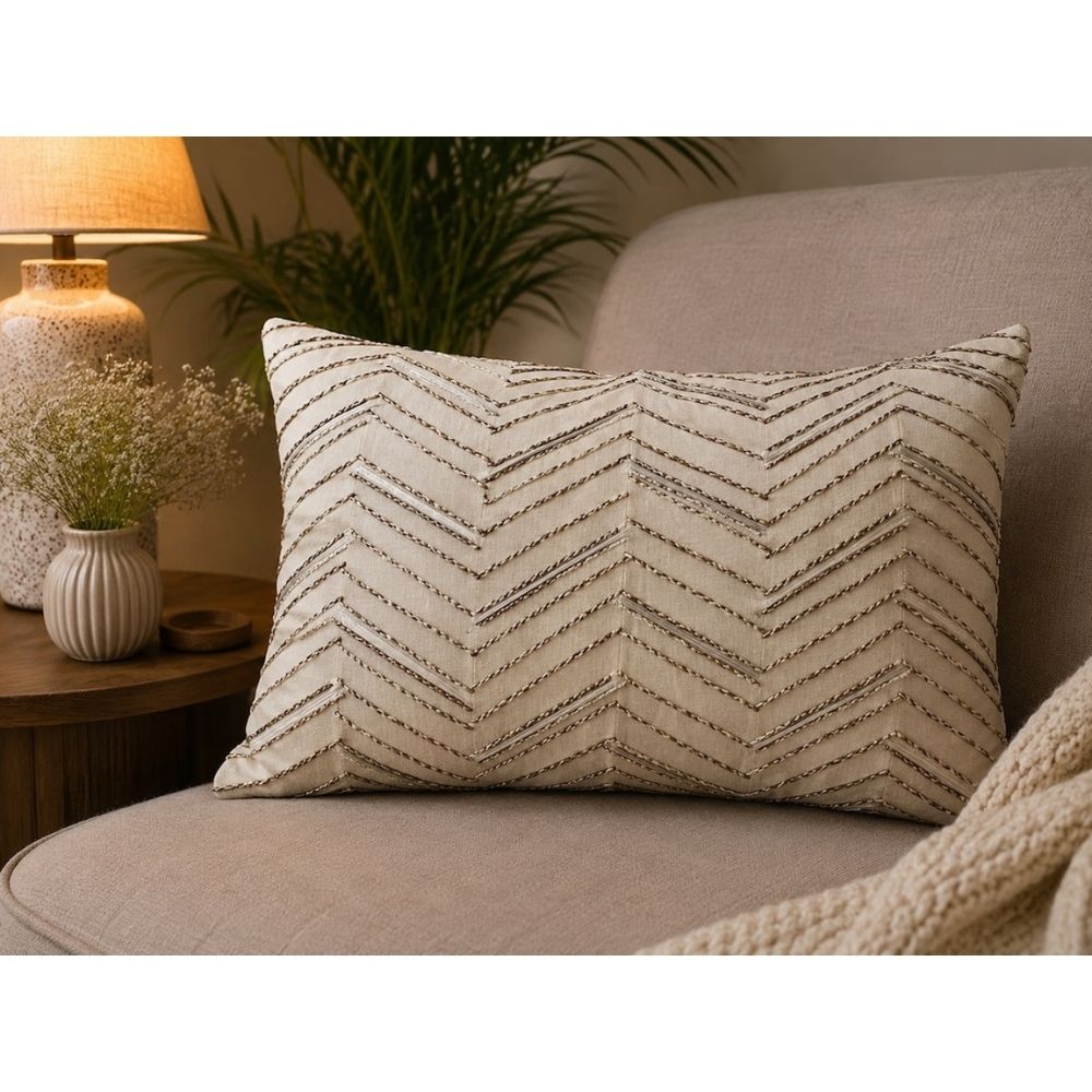 Handcrafted Decorative Cord Embroidered Cream Art Silk Lumbar Cushion Cover with filler 12 x 18 inch