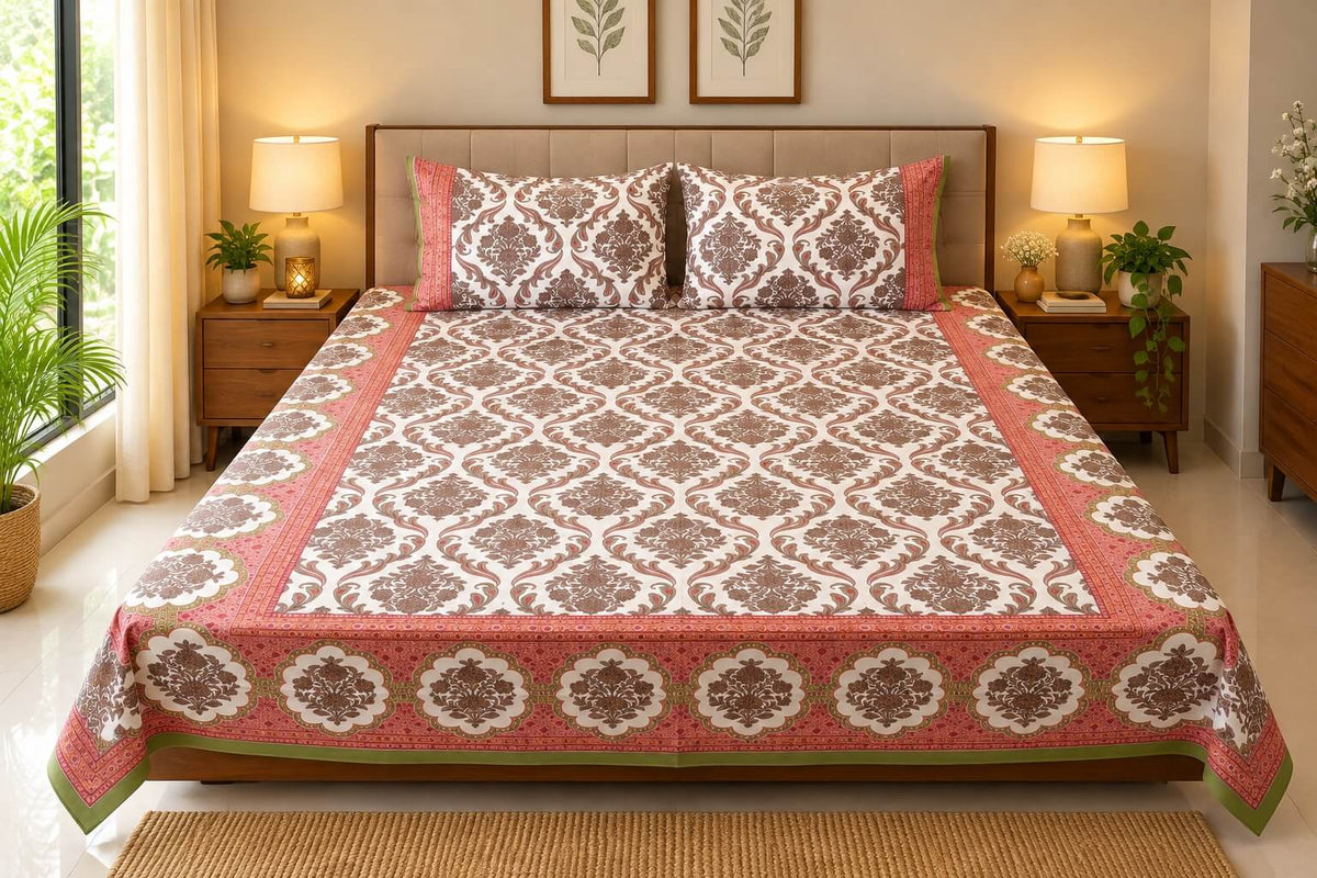 Anokhi Phool Jaipur-Block Printed 100% Cotton Bedsheet King Size Sea Green 90 x 108 inch