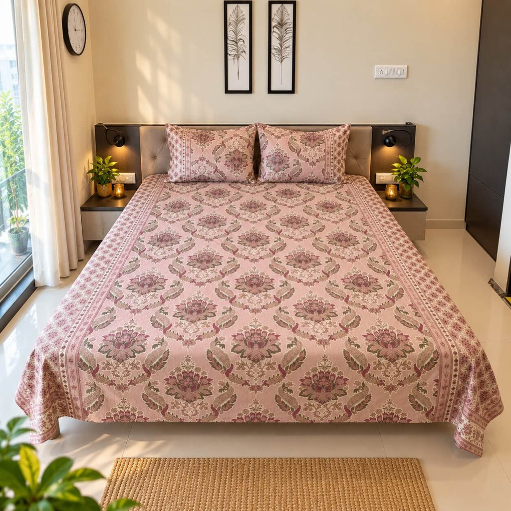 100% Cotton Super King Size Bedsheet Rose Pink 108 x108 inches Carnival Gold Floral Printed