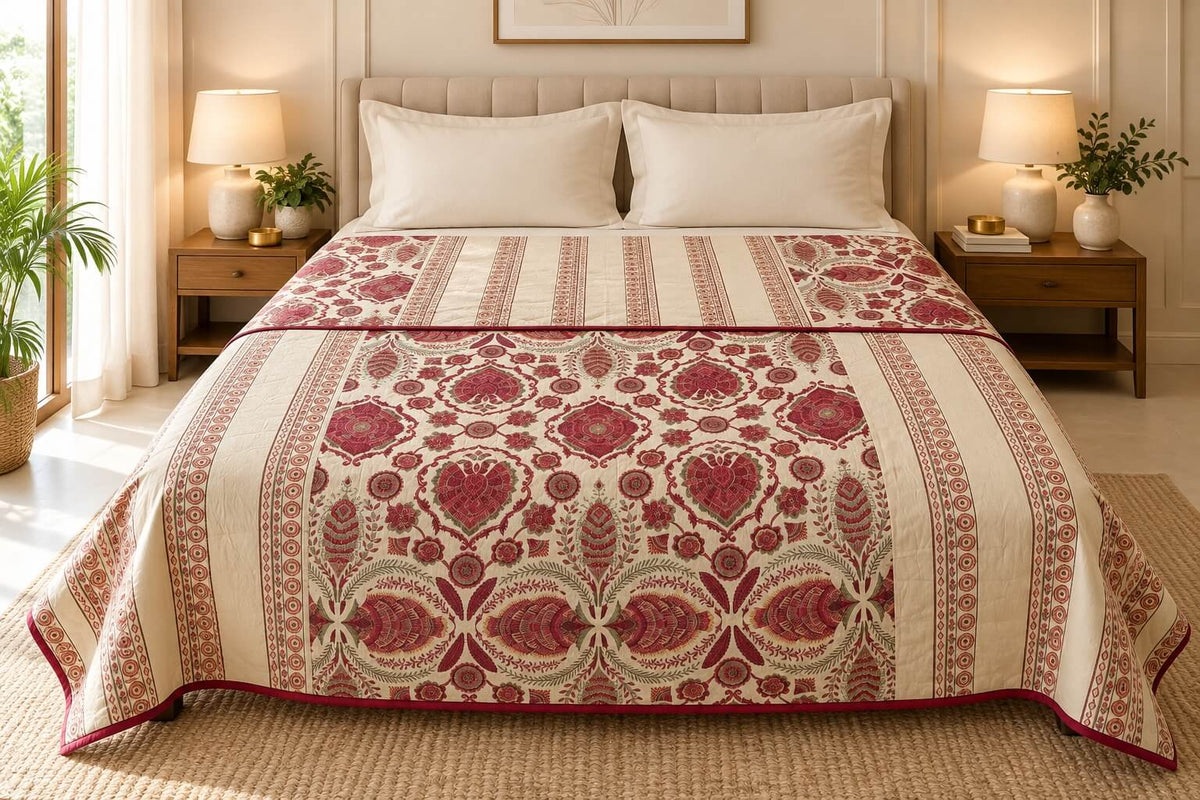 100% Cotton Mulmul Dohar Double Bed 108 x 108 Inches Festive Rangoli Metallic Printed Reversible