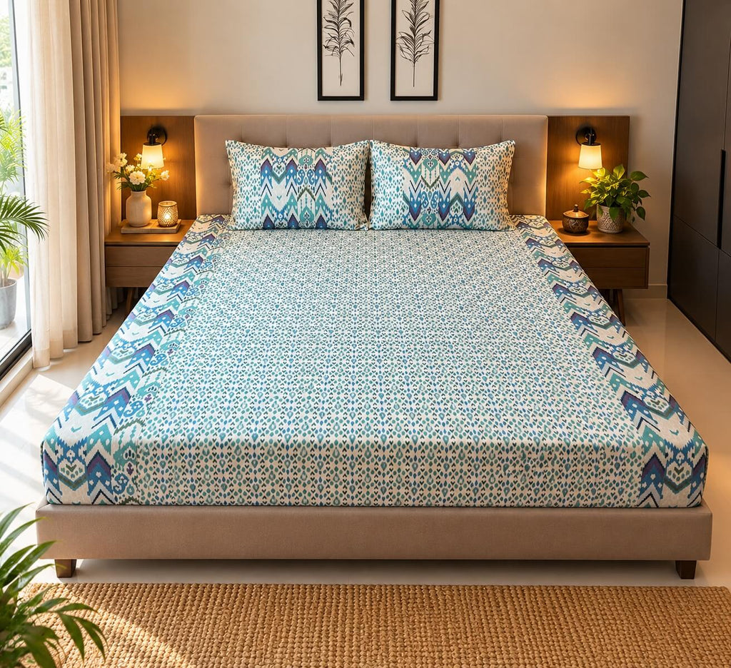 Ikat Mosaic Printed 100% Cotton King Size Bedsheet 90 x 100 inches