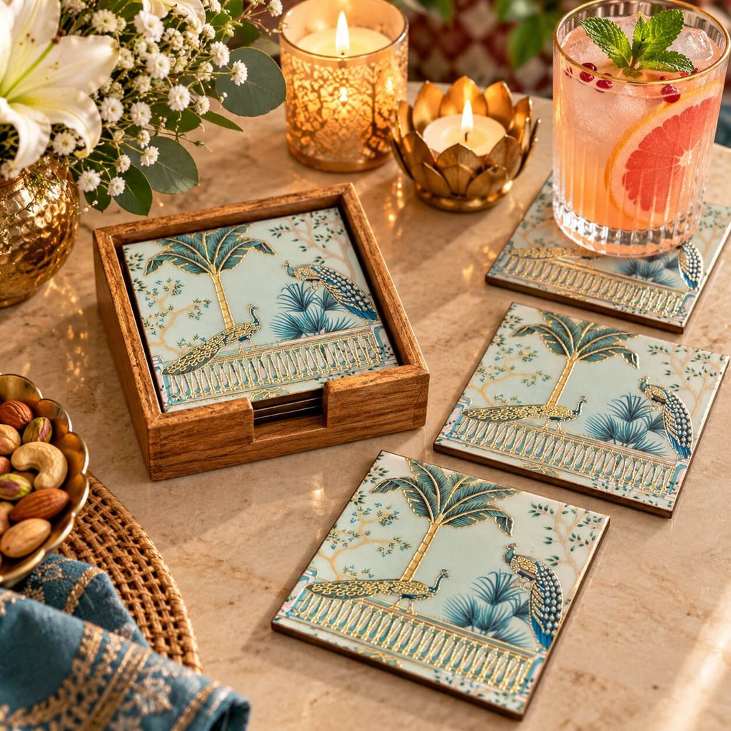 Leaf Peacock Printed Mango Wood Square Coaster Set of 6 – Sea Green