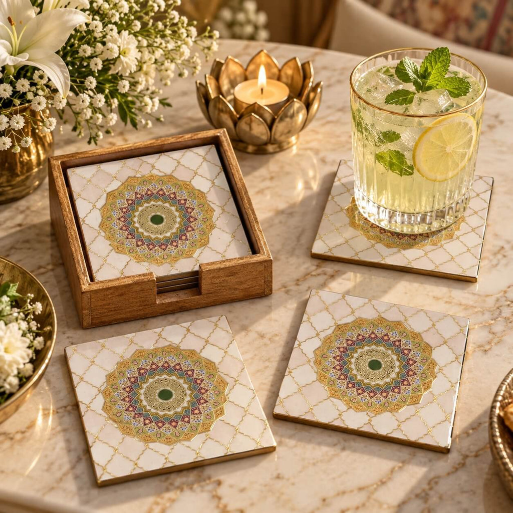Mandala Cris Cross Printed Mango Wood Square Coaster Set of 6 – Off White