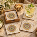 Mandala Cris Cross Printed Mango Wood Square Coaster Set of 6 – Off White