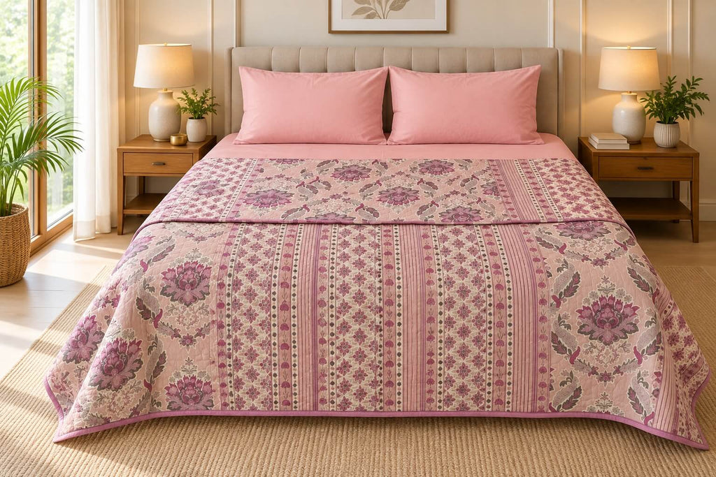 100% Cotton Mulmul Dohar Double Bed Rose Pink 108 x 108 Inches Festive Meher Metallic Printed Reversible