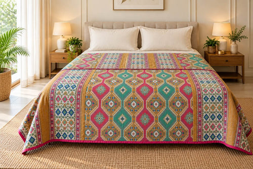 100% Cotton Dohar Double Bed 108 x 108 Inches Festive Metallic Printed Reversible Mulmul