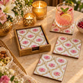 Minimalist Pichwai Lotus Printed Mango Wood Coaster Set of 6 – Pink