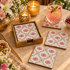 Minimalist Pichwai Lotus Printed Mango Wood Coaster Set of 6 – Pink