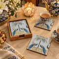 Neela Peacock Printed Mango Wood Square Coaster Set of 6 – Sky Blue