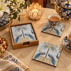 Neela Peacock Printed Mango Wood Square Coaster Set of 6 – Sky Blue