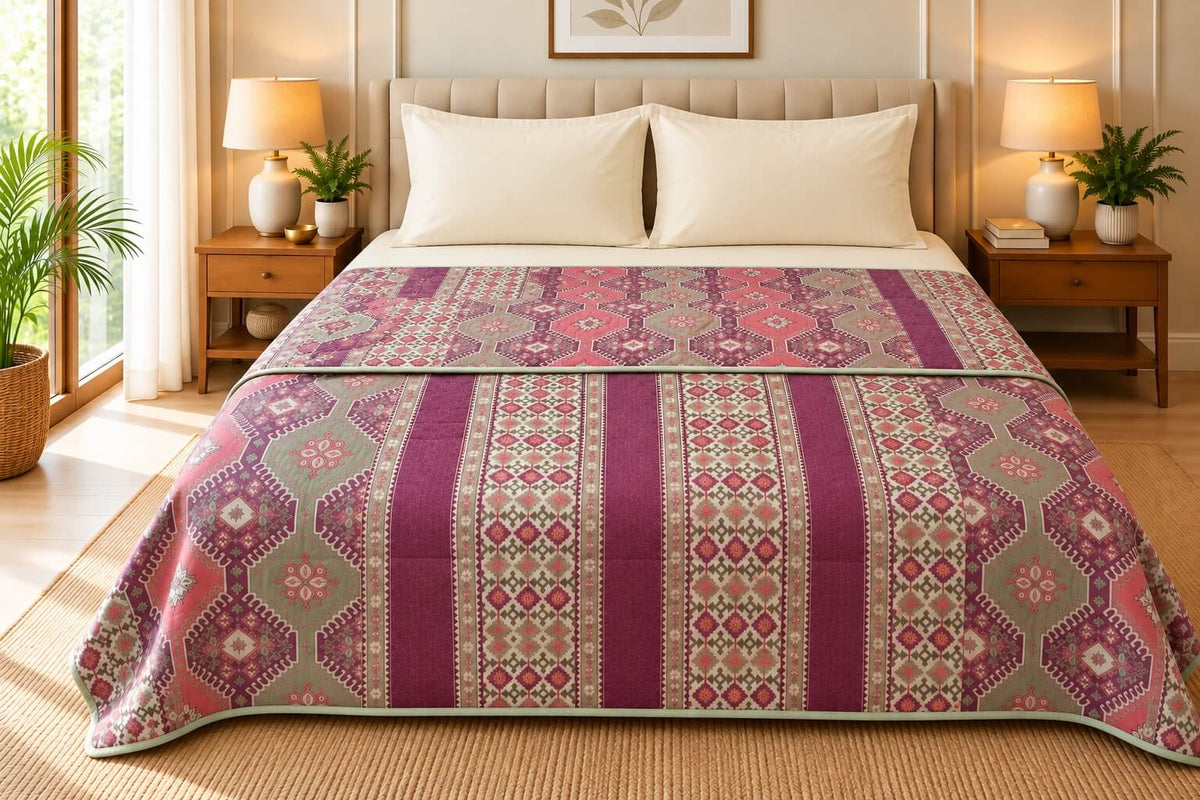 100% Cotton Dohar Double Bed 108 x 108 Inches Festive Metallic Printed Reversible Mulmul