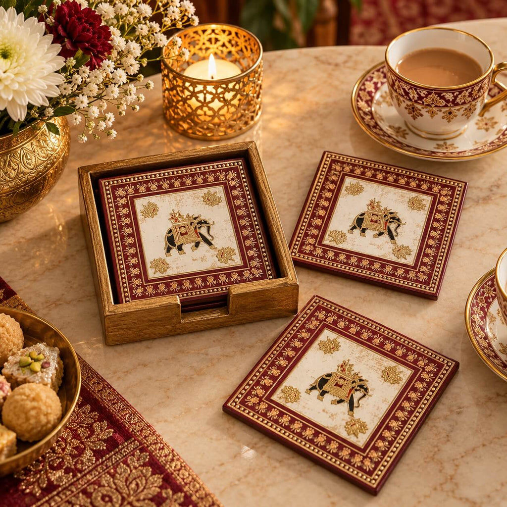 Rang Mahal Elephant Printed Mango Wood Square Coaster Set of 6– Maroon