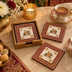 Rang Mahal Elephant Printed Mango Wood Square Coaster Set of 6– Maroon