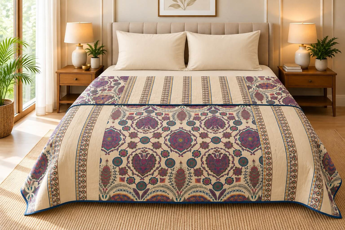 100% Cotton Mulmul Dohar Double Bed 108 x 108 Inches Festive Rangoli Metallic Printed Reversible