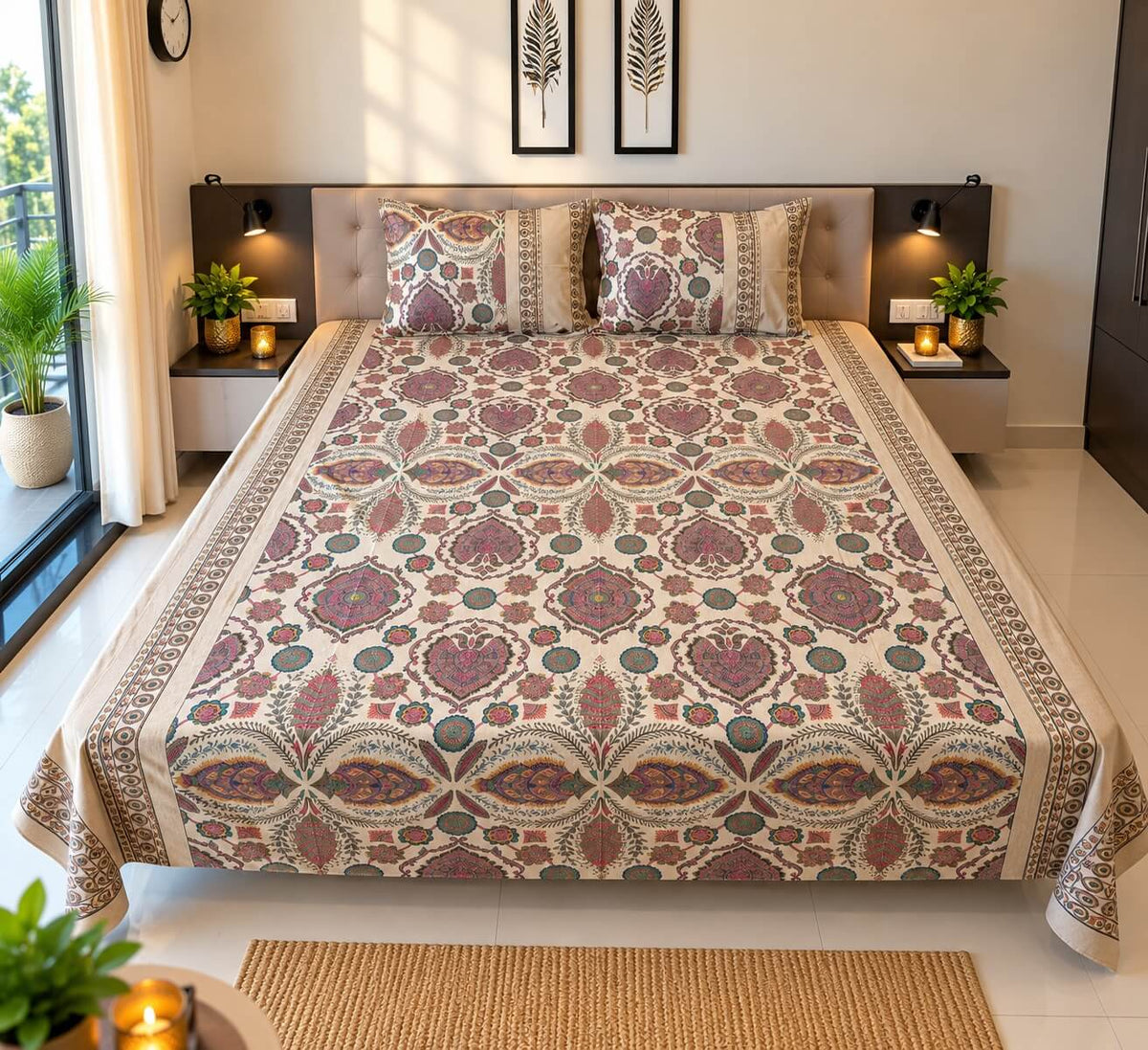 Royal Riwaaz Metallic Printed 100% Cotton Super King Size Bedsheet Teal Blue 108 x108 inches