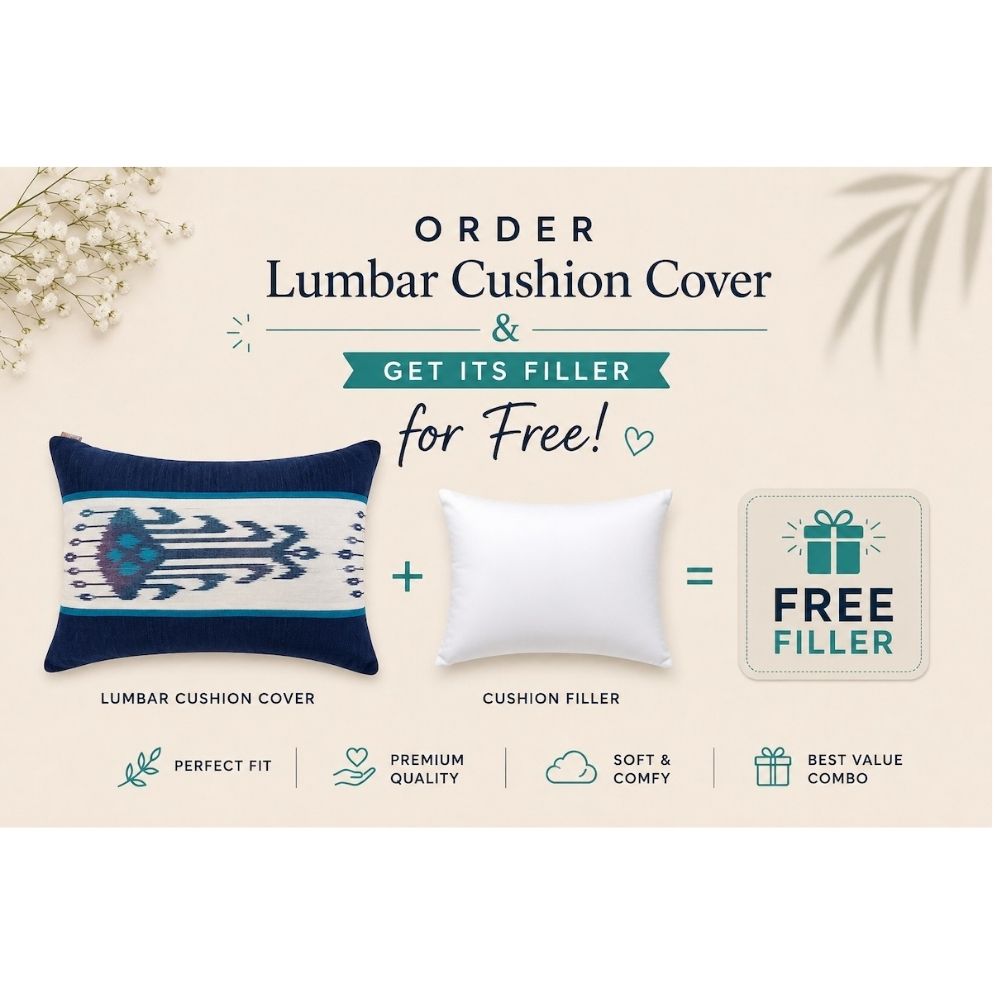 Heritage Ikat Blue Cotton Lumbar Cushion Cover with filler 12 x 18 inch