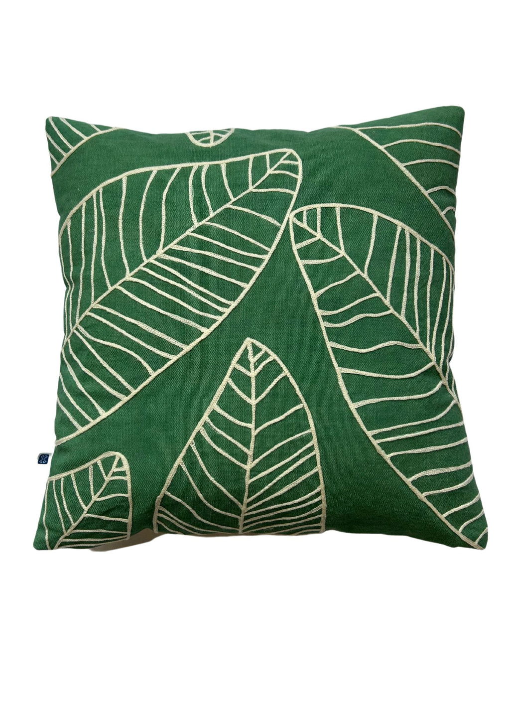 Hand Embroidery Snowy Leaves Green Cotton Cushion Cover Size 16"x16"