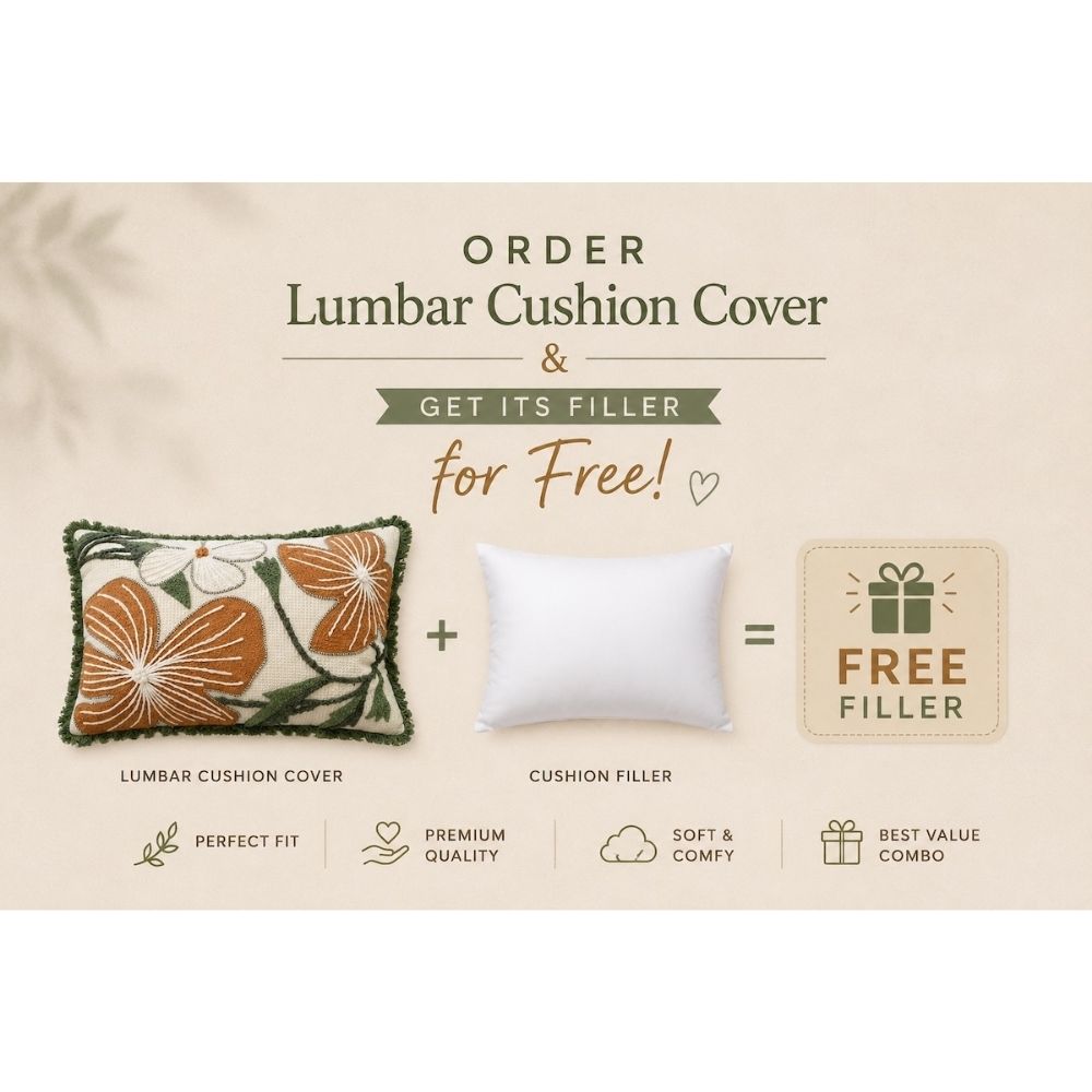 Handcrafted Decorative Embroidered Cream Polycotton Lumbar Cushion Cover with filler 14 x 20 inch