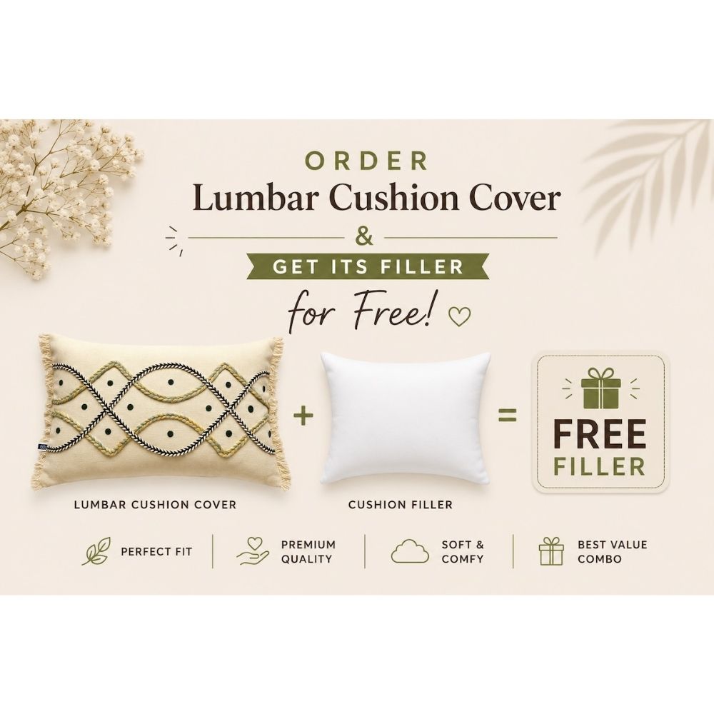 Handcrafted Decorative Embroidered Cream Cotton Lumbar Cushion Cover with filler 12 x 20