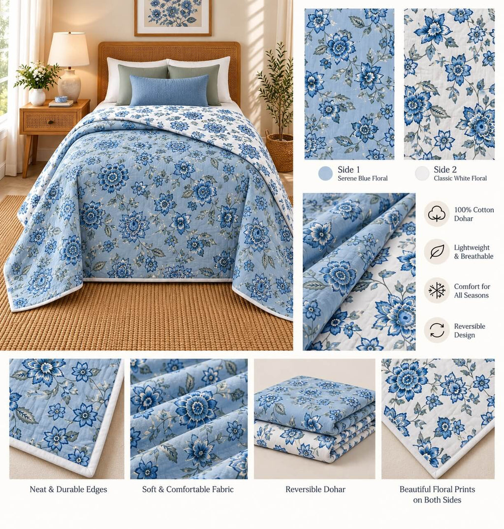 100% Cotton Mulmul Dohar Single Bed Printed Reversible 60 x 90 Inches