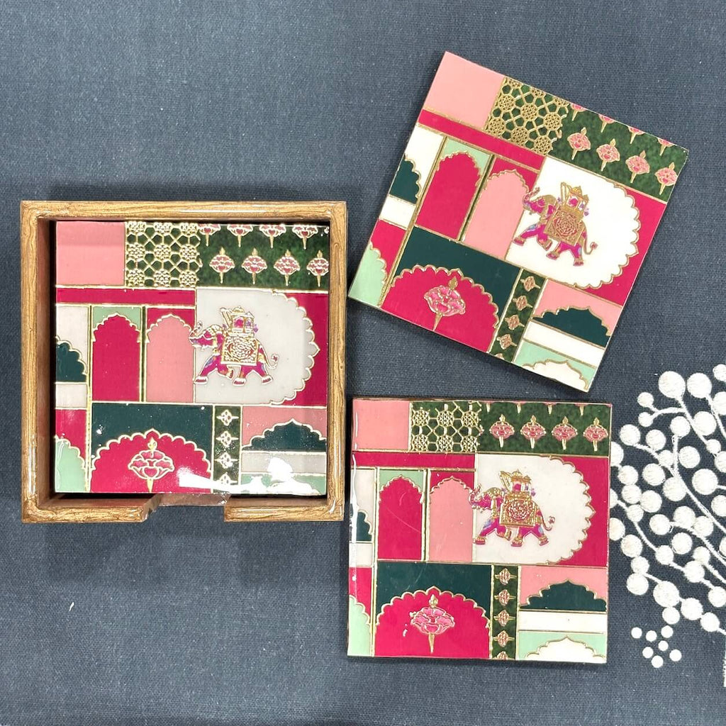 Carnival Heritage Printed Mango Wood Square Coaster Set of 6– Multicolour