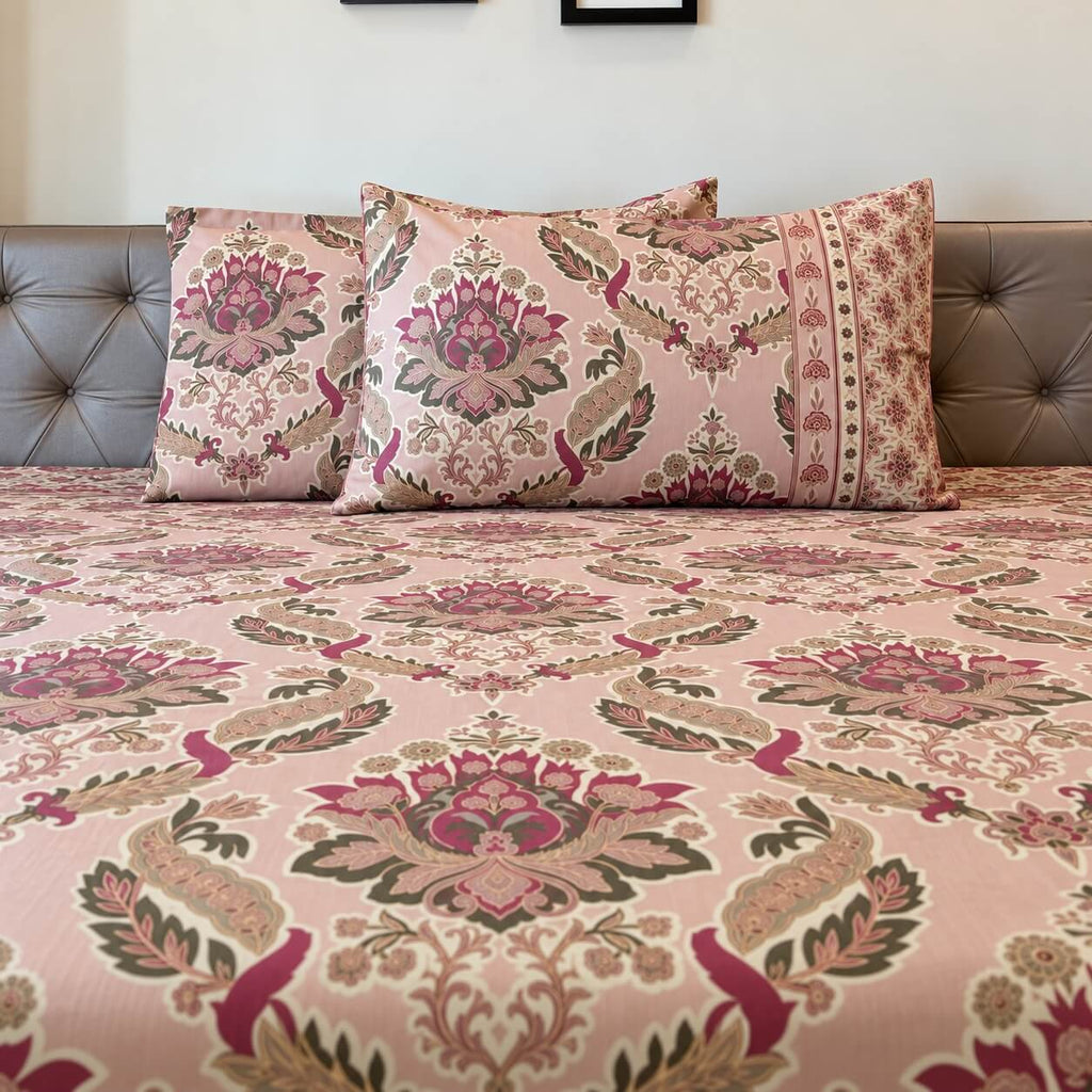 100% Cotton Super King Size Bedsheet Rose Pink 108 x108 inches Carnival Gold Floral Printed