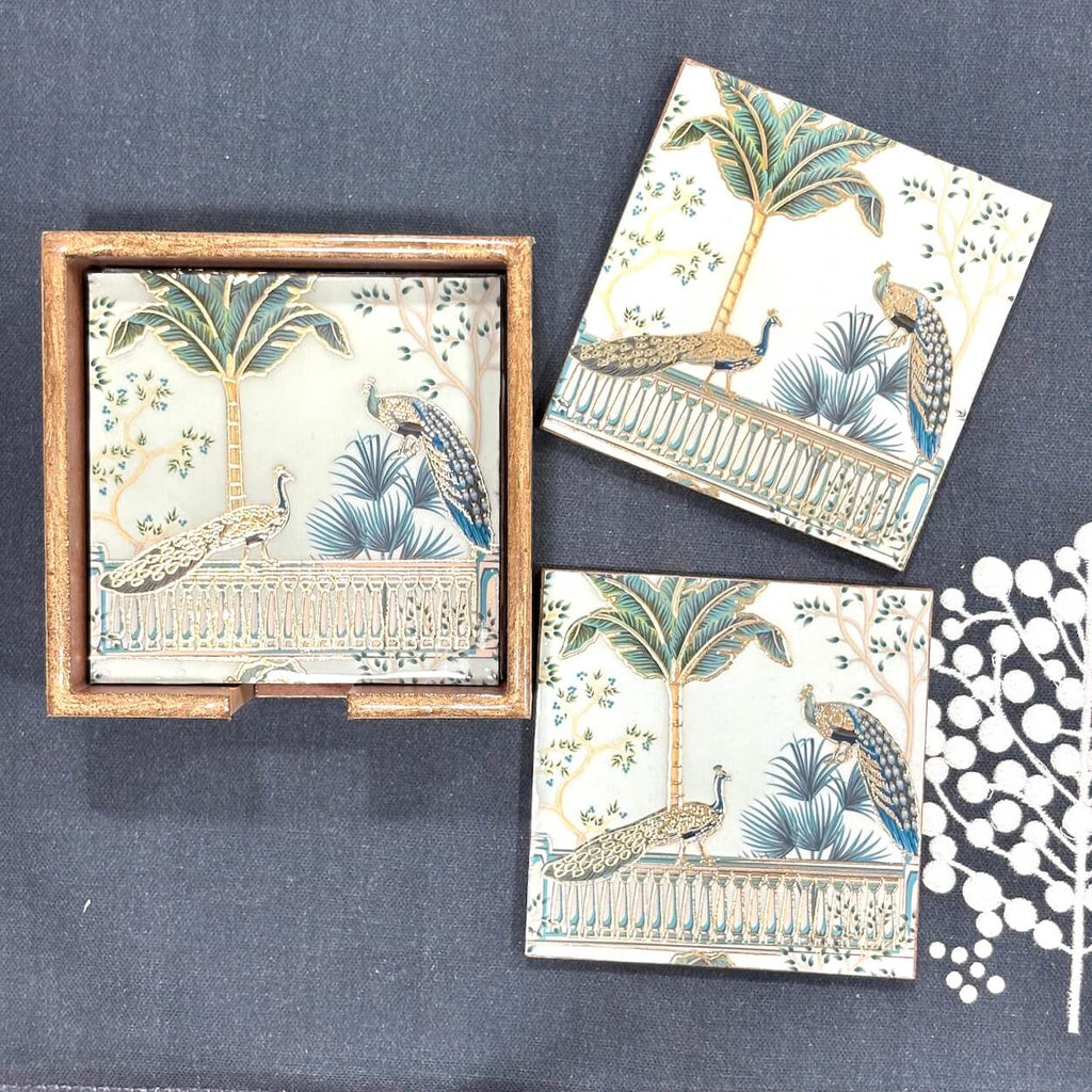 Leaf Peacock Printed Mango Wood Square Coaster Set of 6 – Sea Green
