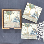 Leaf Peacock Printed Mango Wood Square Coaster Set of 6 – Sea Green