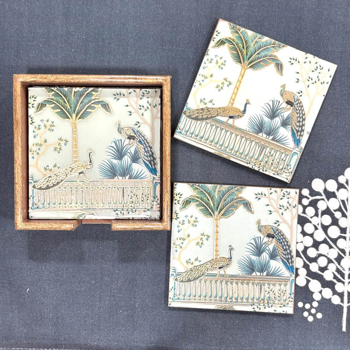 Leaf Peacock Printed Mango Wood Square Coaster Set of 6 – Sea Green