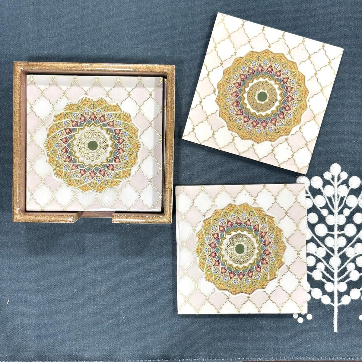 Mandala Cris Cross Printed Mango Wood Square Coaster Set of 6 – Off White
