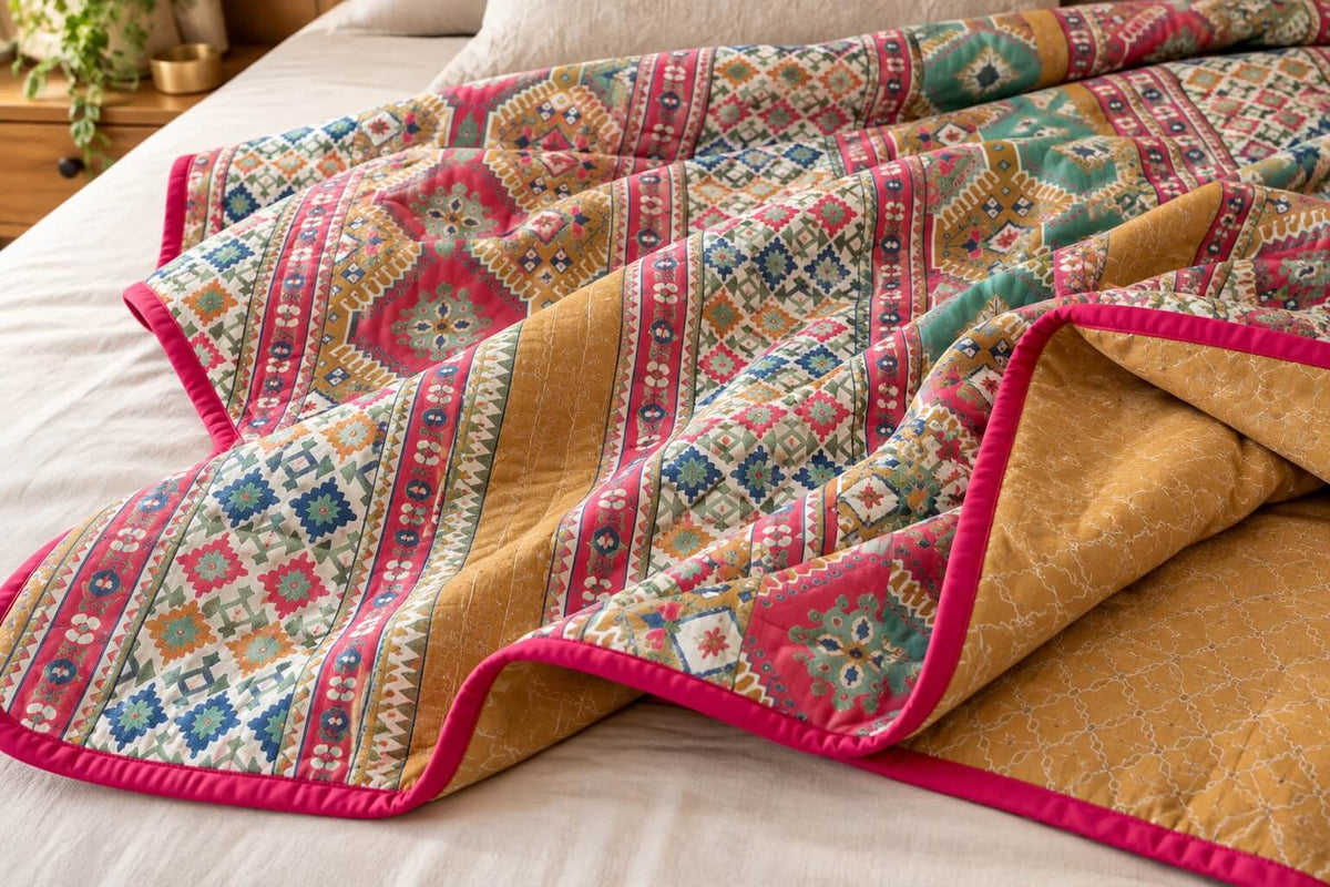 100% Cotton Dohar Double Bed 108 x 108 Inches Festive Metallic Printed Reversible Mulmul