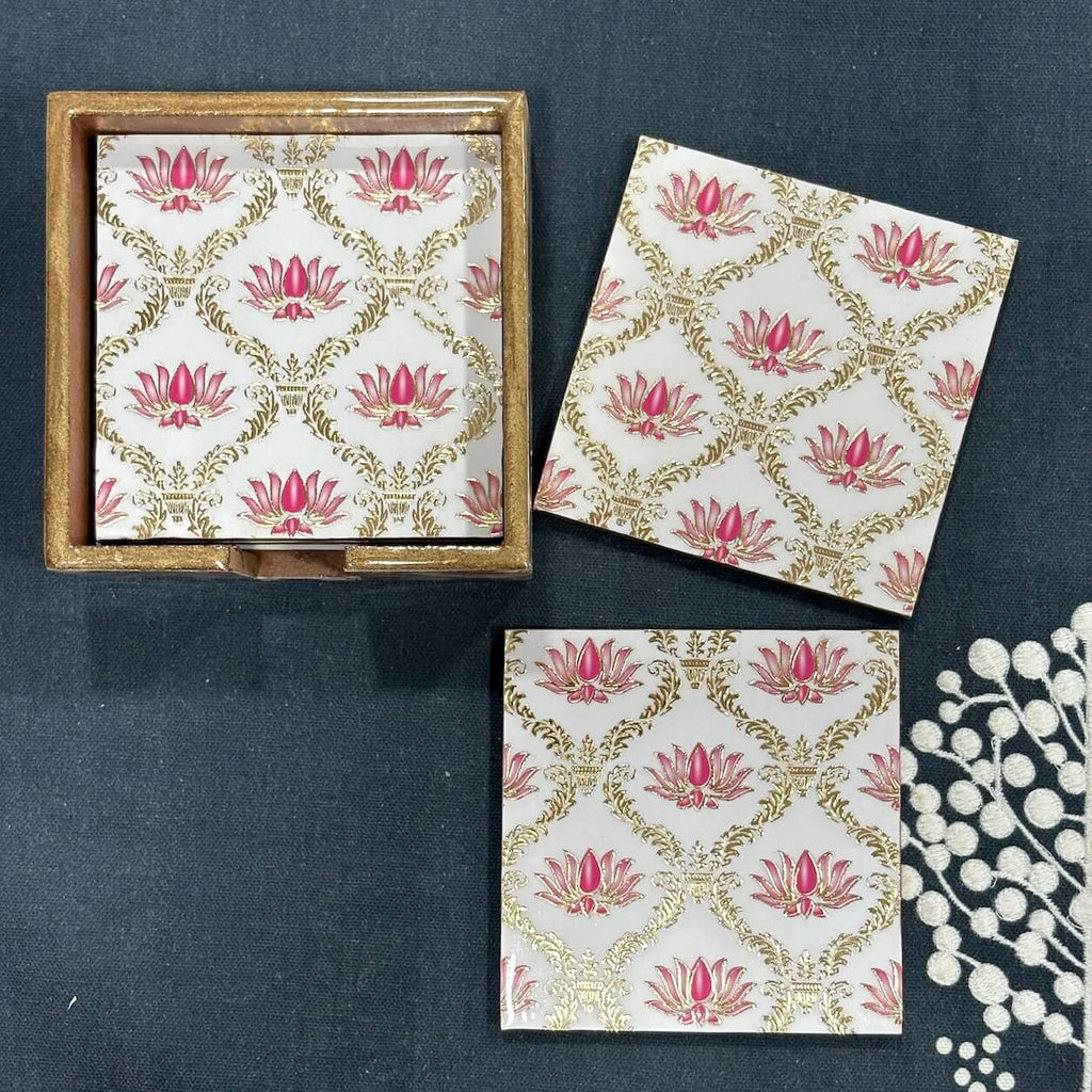 Minimalist Pichwai Lotus Printed Mango Wood Coaster Set of 6 – Pink