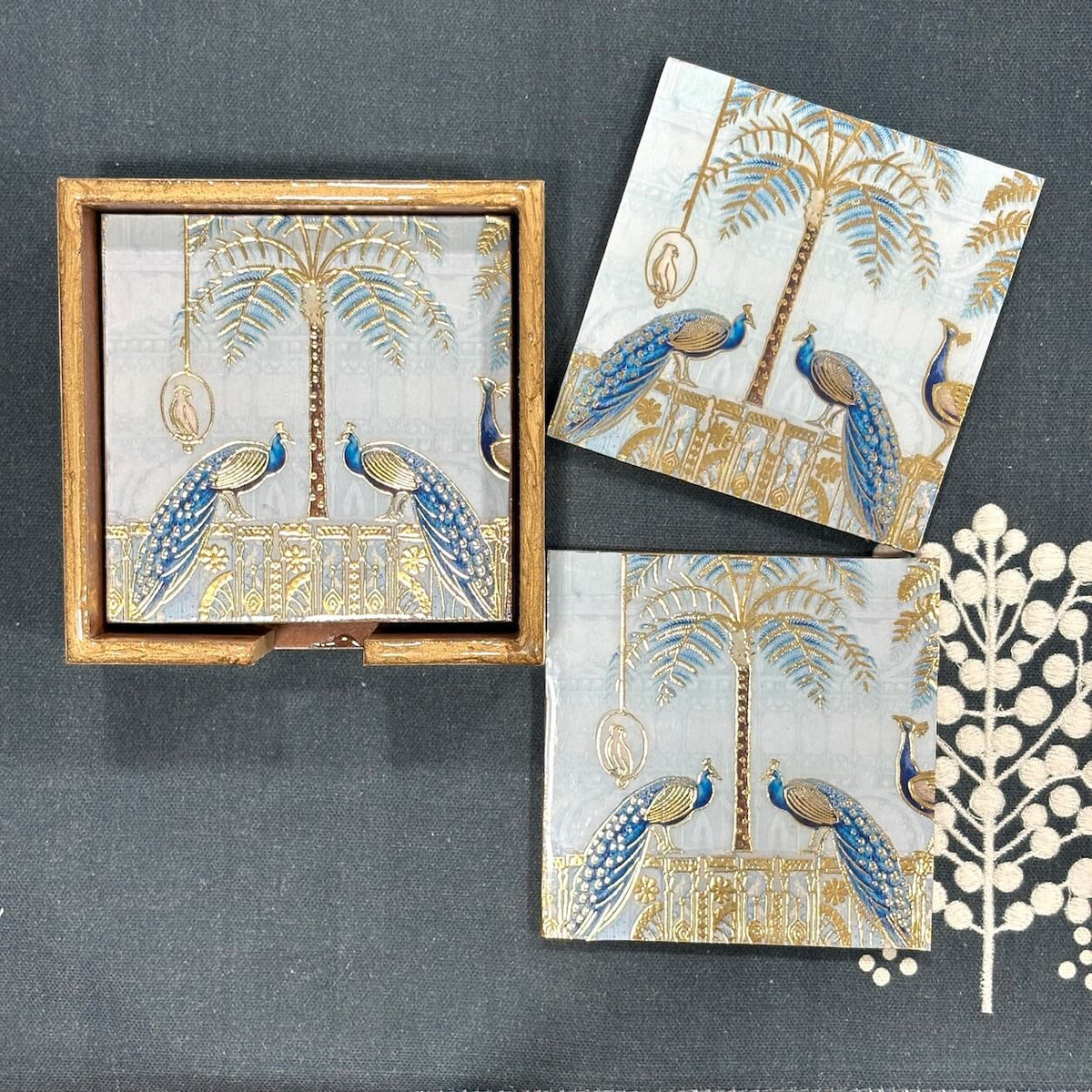 Neela Peacock Printed Mango Wood Square Coaster Set of 6 – Sky Blue