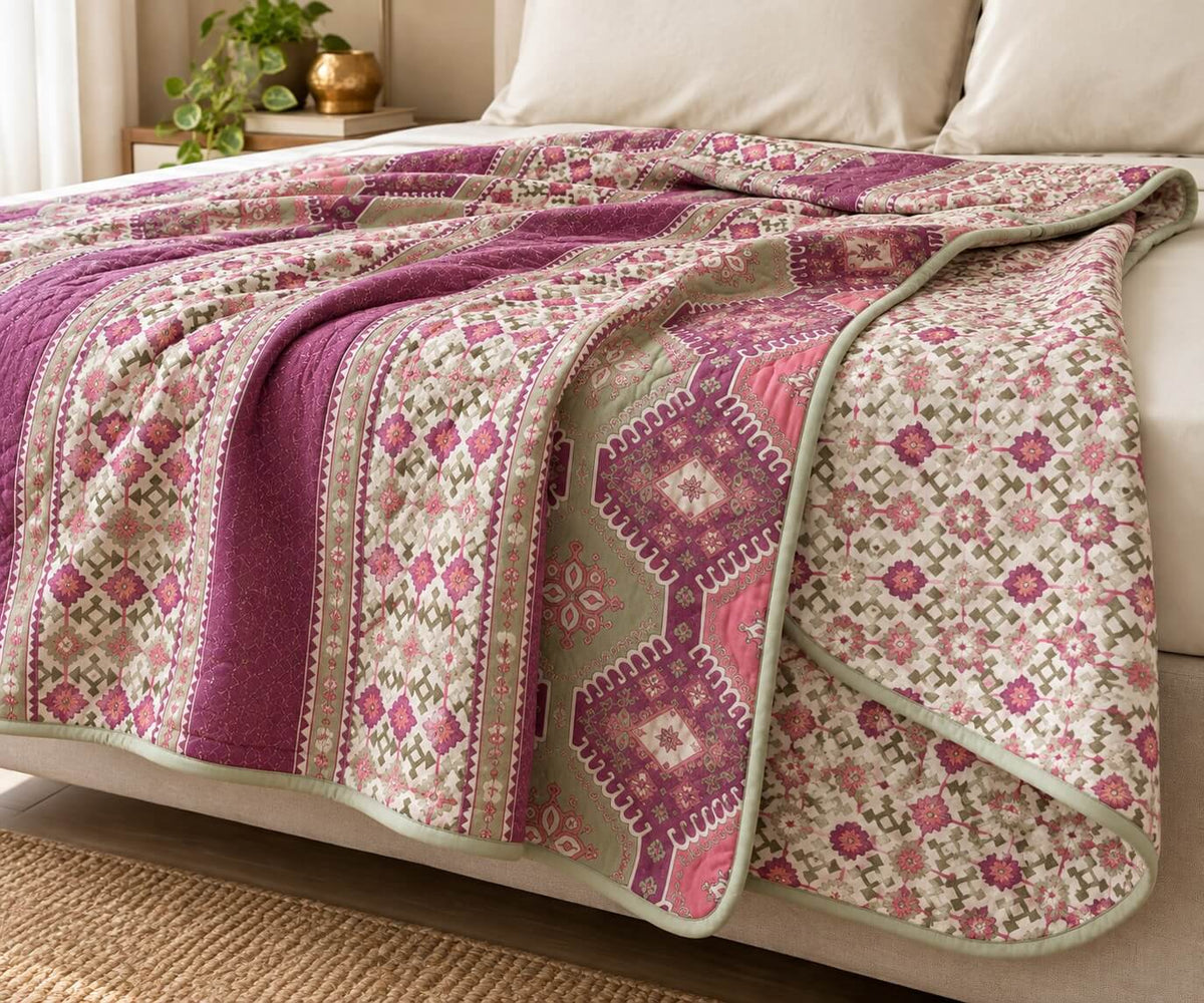 100% Cotton Dohar Double Bed 108 x 108 Inches Festive Metallic Printed Reversible Mulmul