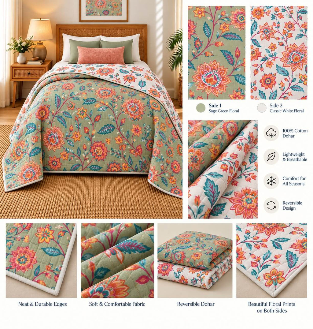 100% Cotton Mulmul Dohar Single Bed Printed Reversible 60 x 90 Inches