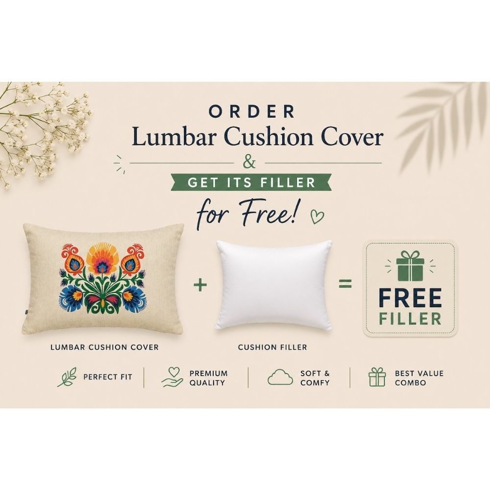 Classic Polaska Floral Printed Offwhite Polyester Lumbar Cushion Cover with filler 12 x 18 inch