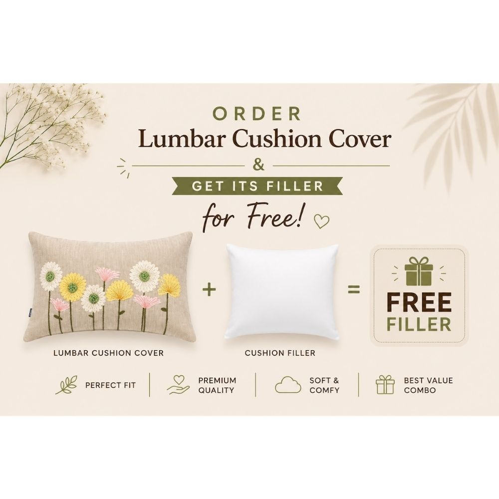 Handcrafted Decorative Floral Embroidered Beige Cotton Lumbar Cushion Cover with filler 12 x 20 inch