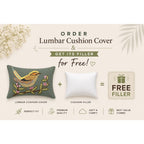 Handcrafted Decorative Chirpy Bird Embroidered Blue_Green Cotton Lumbar Cushion Cover with filler 12 x 18 inch