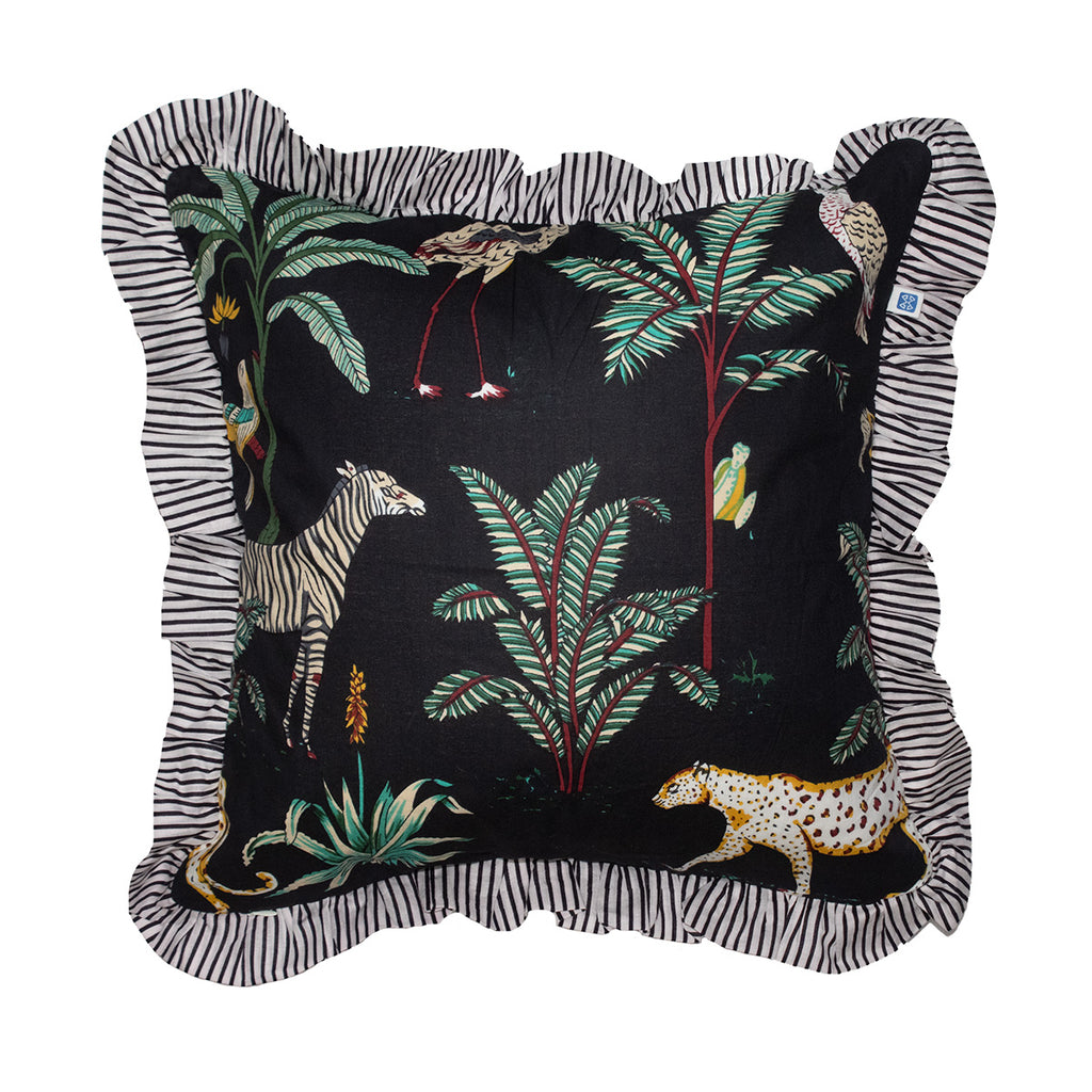 Wild Tropica Print Solid Black Frill Reversible Cotton Cushion Cover Size 16"x16" Set of 2
