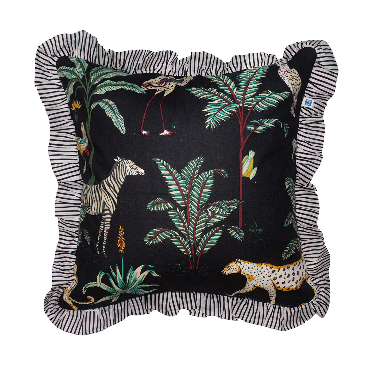 Wild Tropica Print Solid Black Frill Reversible Cotton Cushion Cover Size 16"x16" Set of 2
