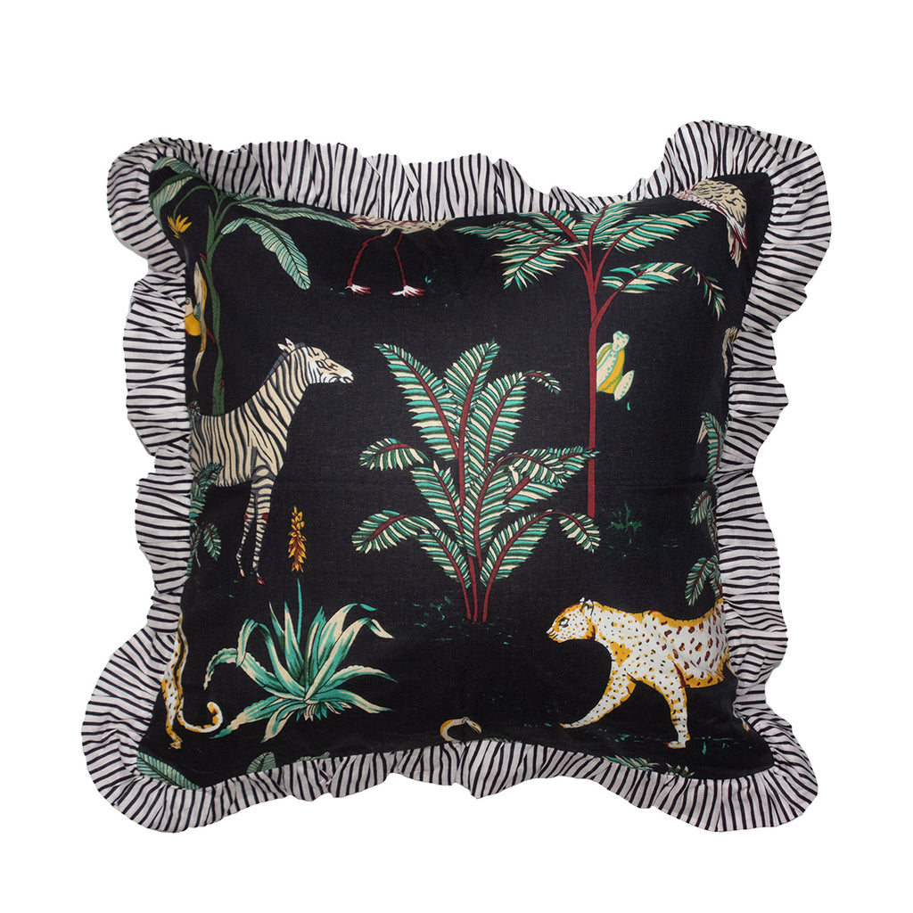 Wild Tropica Print Solid Black Frill Reversible Cotton Cushion Cover Size 16"x16" Set of 2