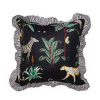 Wild Tropica Print Solid Black Frill Reversible Cotton Cushion Cover Size 16"x16" Set of 2