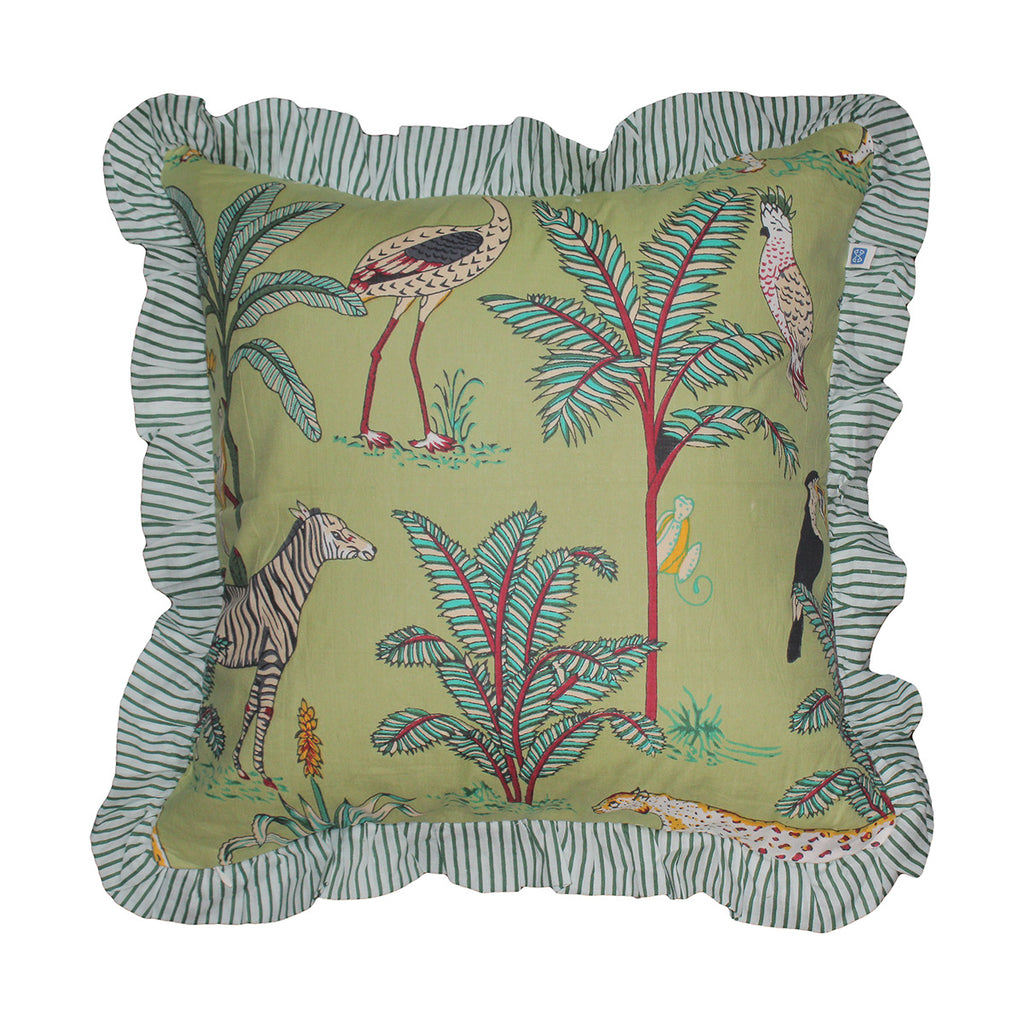 Wild Tropica Print Solid Green Frill Reversible Cotton Cushion Cover Size 16"x16" Set of 2