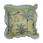 Wild Tropica Print Solid Green Frill Reversible Cotton Cushion Cover Size 16"x16" Set of 2
